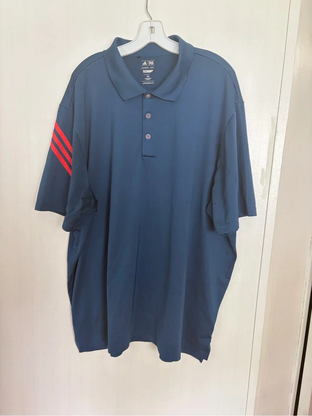 adidas Blue Polo Shirt with Red Sleeve Stripes